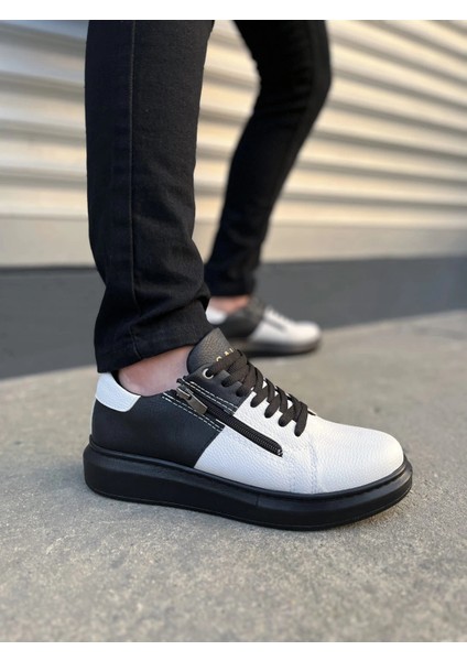 JY155 Warrior Bağcıklı ve Fermuarlı Cilt Erkek Günlük Sneaker Ayakkabı Cst - Siyah/beyaz
