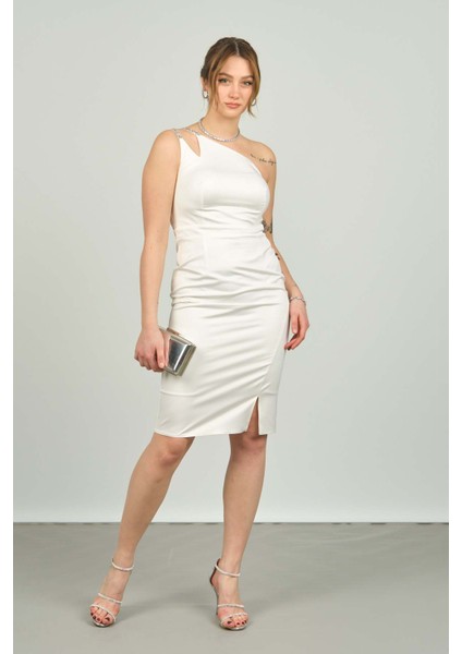 Kadın Tek Omuz Detaylı Omzu Çift Bantlı ve Taş Işlemeli Abiye Elbise 1983 Ekru fiyatları