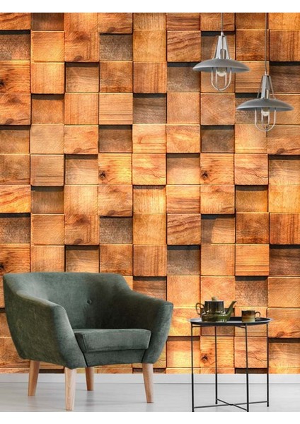 3 Boyutlu Ahşap Küp Desenli Isı ve Ses Yalıtımlı Sağlıklı Tekstil Duvar Kağıdı