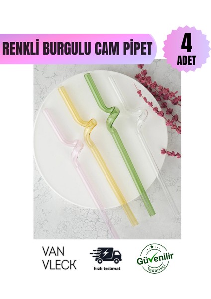 4’lü Burgulu Cam Pipet – Beyaz, Yeşil, Pembe, Sarı Renkli, Dayanıklı ve Yıkanabilir