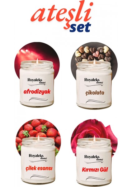 4 Adet Doğal Özel Seri Kokulu Dekoratif Kavanoz Mum 4X210 cc - Ateşli Set -
