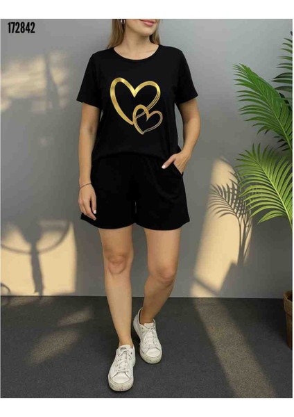 Kadın Kısa Kollu Bisiklet Yaka Viskon Iki Iplik Bluz ve Short Ikili Takım, Kırmızı Gül Figürlü Kolye Hediye