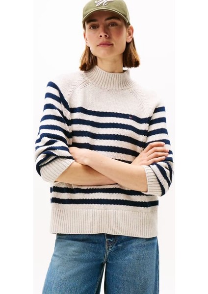 Kadın Regular Fit Yarım Balıkçı Yaka Çizgili Triko Kazak - Krem/lacivert