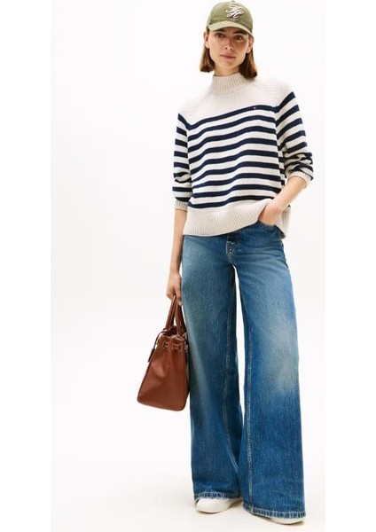 Kadın Regular Fit Yarım Balıkçı Yaka Çizgili Triko Kazak - Krem/lacivert fiyatları