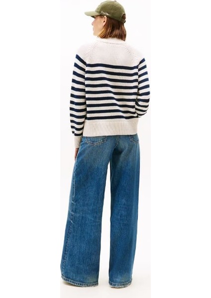 Kadın Regular Fit Yarım Balıkçı Yaka Çizgili Triko Kazak - Krem/lacivert modelleri