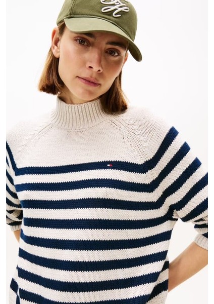 Kadın Regular Fit Yarım Balıkçı Yaka Çizgili Triko Kazak - Krem/lacivert fırsatları