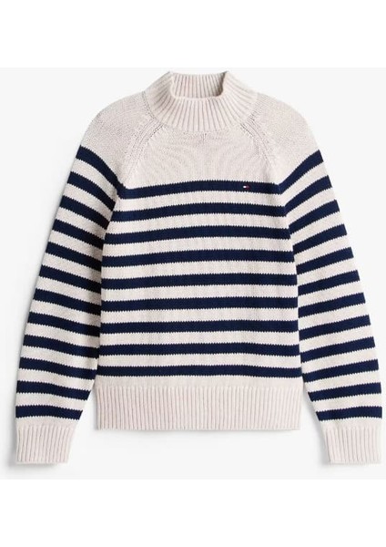 Kadın Regular Fit Yarım Balıkçı Yaka Çizgili Triko Kazak - Krem/lacivert indirimleri