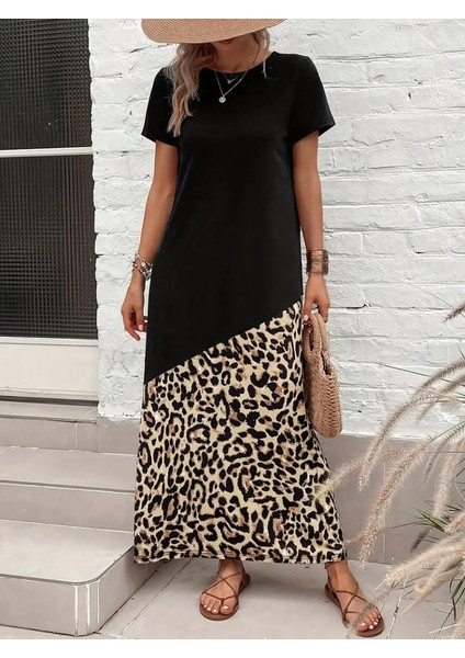 Kadın Kısa Kollu Bisiklet Yaka Leopar Detaylı Midi Üst Viskon Alt Süprem Elbise modelleri