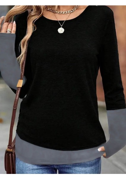 Kadın Uzun Kollu Açık Yuvarlak Yaka Blok Renkli Viskon Bluz fiyatları