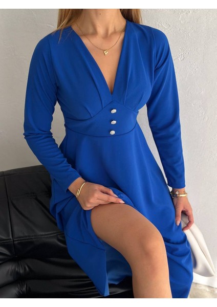 Kadın Krep Kumaş Düğme Detaylı V Yaka Uzun Kollu Midi Boy Elbise fiyatları