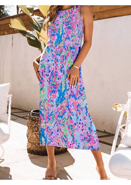 Kadın Askılı Yuvarlak Yaka Yandan Yırtmaçlı Uzun Süprem Elbise fırsatları