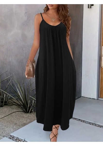 Kadın Ip Askılı Geniş V Yakalı Viskon Elbise