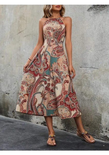 Kadın Kolsuz Boyundan Bağlamalı Beli Lastikli Etnik Desen Baskı Süprem Uzun Elbise fırsatları