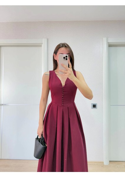 V Yaka Uzun Kolsuz Elbise- Bordo fiyatları