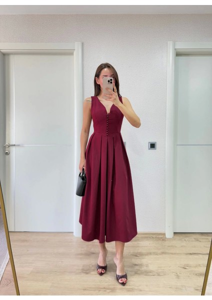 V Yaka Uzun Kolsuz Elbise- Bordo modelleri