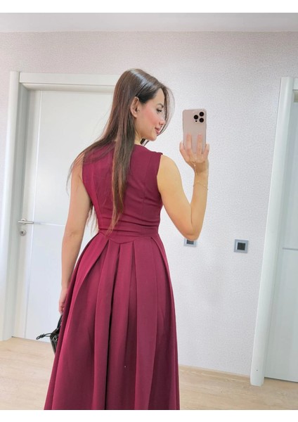 V Yaka Uzun Kolsuz Elbise- Bordo fırsatları