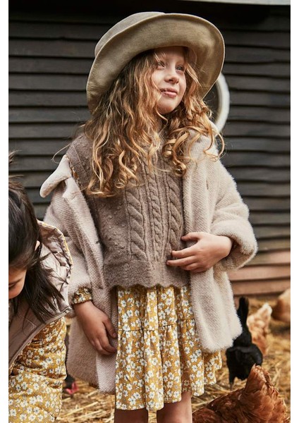 Kız Çocuk Yanları Fiyonklu Saç Örgüsü Desenli Triko Süveter - Kahverengi fırsatları