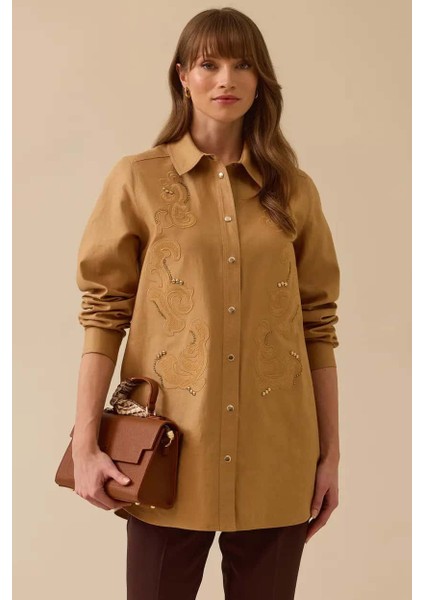 Kadın Nakış Detaylı Baskılı Ceket - Camel