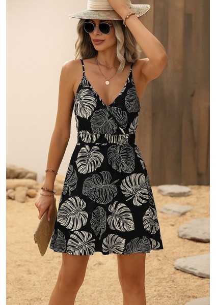 Kadın Ip Askılı Kruvaze Yakalı Beli Lastikli Kısa Desenli Süprem Elbise