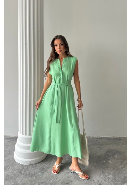 Keten Elbise Kolsuz Bel Bağlamalı Maxi Elbise - Yeşil fırsatları