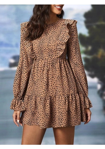 Kadın Uzun Kollu Yaka ve Sırt Fırfır Detay Mikro Mini Boy Elbise fırsatları