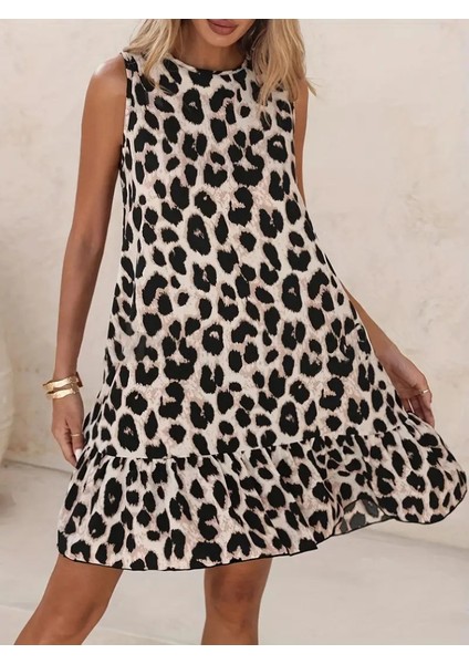 Kadın Kolsuz Sırttan Bağlamalı Fırfırlı Leopar Desenli Süprem Elbise indirimleri