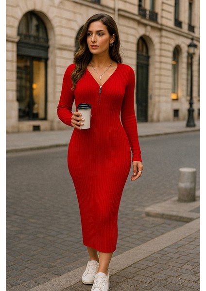 Kadın Uzun Kollu Fermuar Detay Fitilli Kaşkorse Kumaş Maxi Boy Elbise