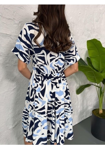 Baskılı Keten Elbise - Lacivert modelleri