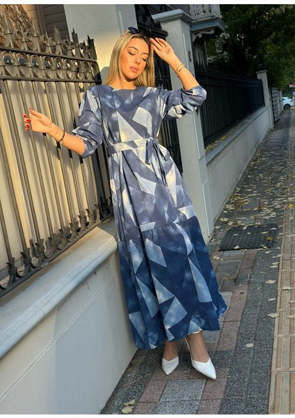 Kadın Uzun Kollu Bisiklet Yaka Geometrik Desen Baskılı Kuşak Dahil Maxi Boy Elbise