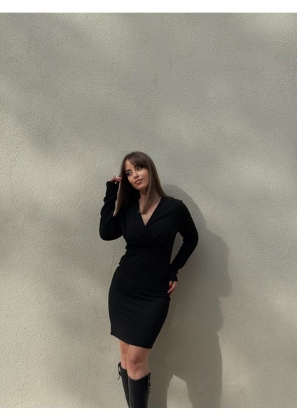 Kadın Uzun Kollu Kruvaze Yaka Krep Mini Boy Elbise fiyatları