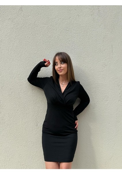 Kadın Uzun Kollu Kruvaze Yaka Krep Mini Boy Elbise modelleri