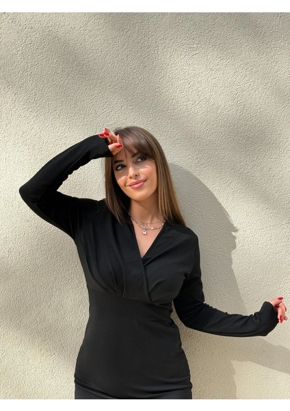 Kadın Uzun Kollu Kruvaze Yaka Krep Mini Boy Elbise fırsatları