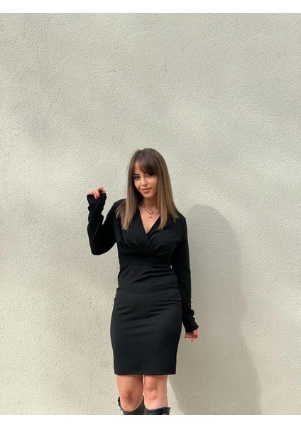 Kadın Uzun Kollu Kruvaze Yaka Krep Mini Boy Elbise indirimleri