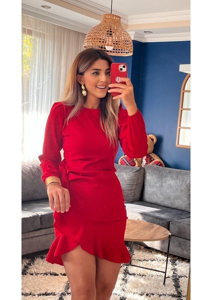 Kadın Uzun Kollu Bisiklet Yaka Önden Volanlı Ithal Krep Elbise fiyatları