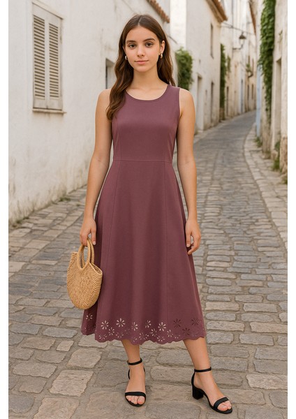 Kadın Etek Ucu Lazer Kesim Çiçek Desenli Midi Boy Ithal Krep Elbise