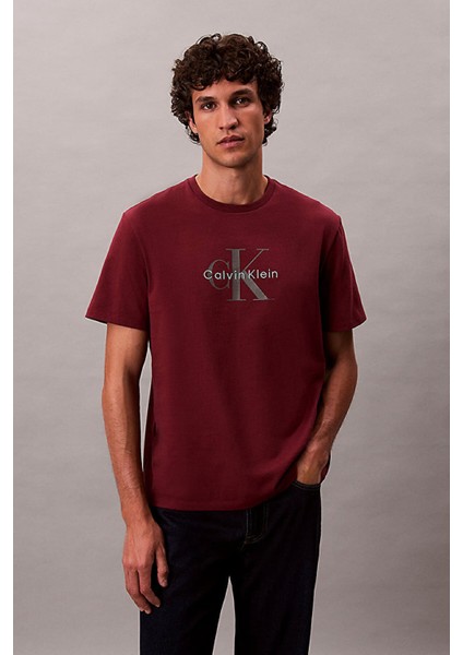 Erkek Regular Fit Grafik Monogram Baskılı T-Shirt - Bordo