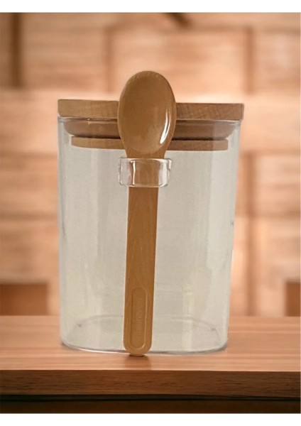 Kare Bambu Kapaklı Kaşıklı Kristal Plastik Baharat Saklama Kabı 500ML ( 1 Adet ) -HS501
