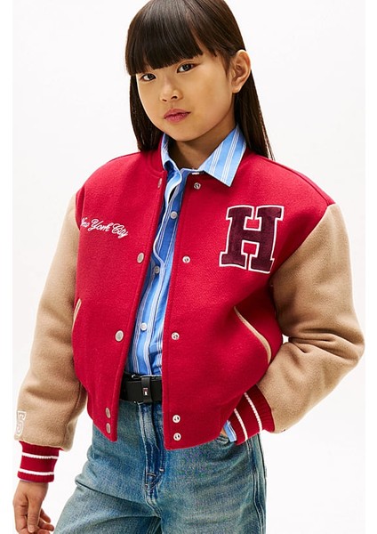 Kız Çocuk Regular Fit Harf Apilkeli Kolej Ceket - Kırmızı