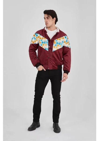 Erkek Içi Astarlı Içten Yaka Kısmı Peluşlu Beyaz Şeritli Vintage Ceket - Mürdüm modelleri