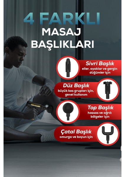 Titreşimli Masaj Tabancası 4 Başlıklı Siyah