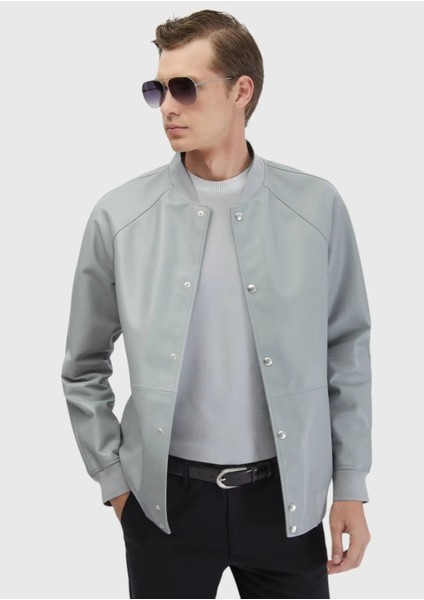 Gri Regular Fit Dik Yaka Casual Koyun Derisi Deri Mont