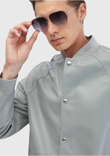 Gri Regular Fit Dik Yaka Casual Koyun Derisi Deri Mont fırsatları