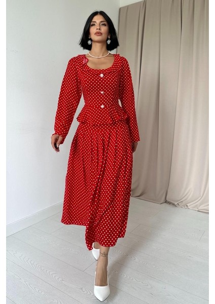 Kırmızı Puantiye Desenli Volanlı Elbise