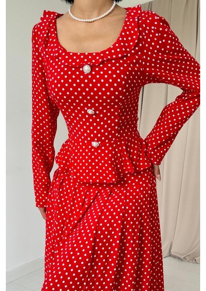 Kırmızı Puantiye Desenli Volanlı Elbise fiyatları