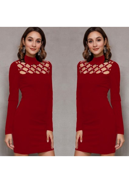 Kadın Uzun Kollu Bisiklet Yaka Lazer Kesim Inci Detay Viskon Iki Iplik Mini Boy Elbise modelleri
