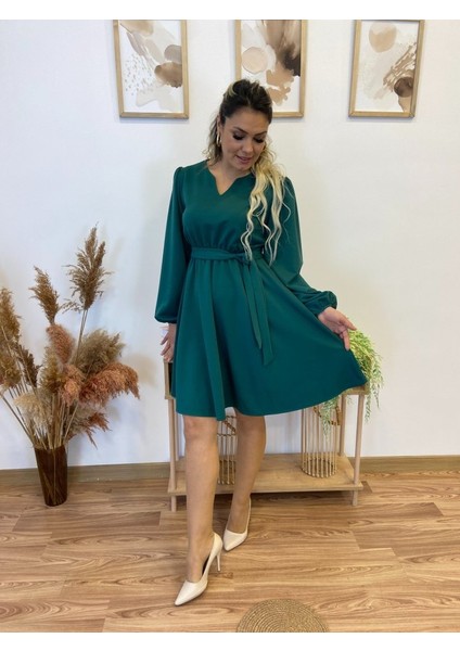 Kadın Uzun Kollu V Yakalı Belden Kuşaklı Kiloş Krep Elbise fiyatları