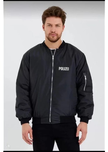 Unisex Uzun Kol Baskılı Bomber Ceket - Siyah