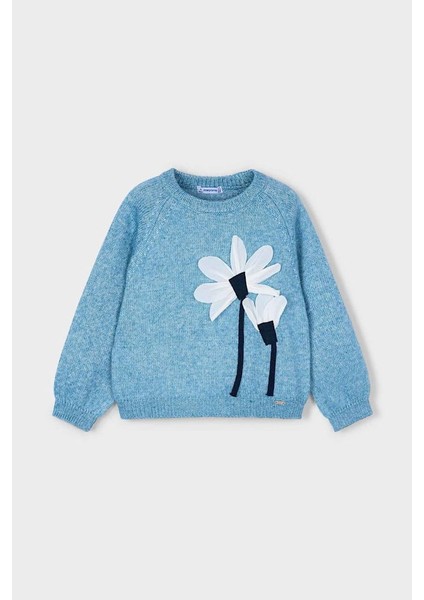 Kız Çocuk 3 Boyutlu Çiçek Aplikeli Triko Kazak - Mavi