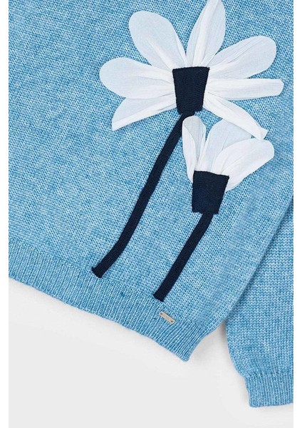 Kız Çocuk 3 Boyutlu Çiçek Aplikeli Triko Kazak - Mavi modelleri