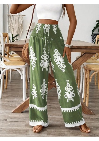 Kadın Yüksek Bel Büzgülü Etnik Desen Baskılı Süprem Pantolon